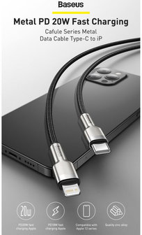 Baseus Cafule Series USB-C naar Apple Lightning Kabel 20W 25cm Zwart