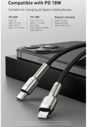 Baseus Cafule Series USB-C naar Apple Lightning Kabel 20W 25cm Zwart